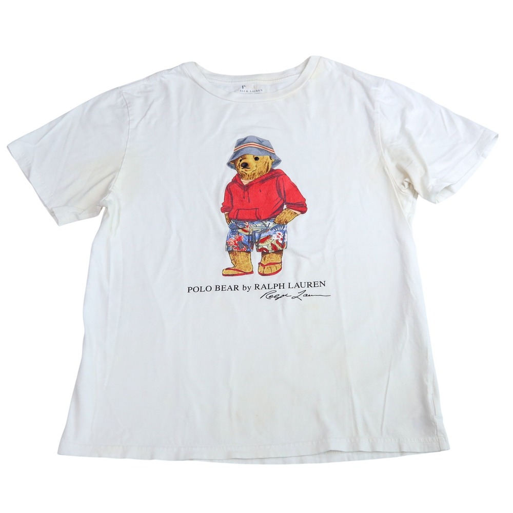 Polo Ralph Lauren Polo Bear Bucket Hat T-Shirt Kids L 14-16 White Graphic Tee